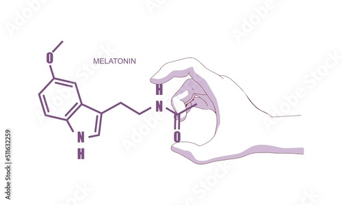 Hand holding chemical molecular formula of hormone melatonin. In humans, it plays a role in circadian rhythm synchronization.