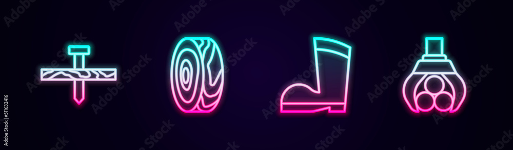Set line Metallic nail, Tree rings, Waterproof rubber boot and Grapple crane grabbed log. Glowing neon icon. Vector Set line Metallic nail, Tree rings, Waterproof rubber boot and Grapple crane grabbed log. Glowing neon icon. Vector