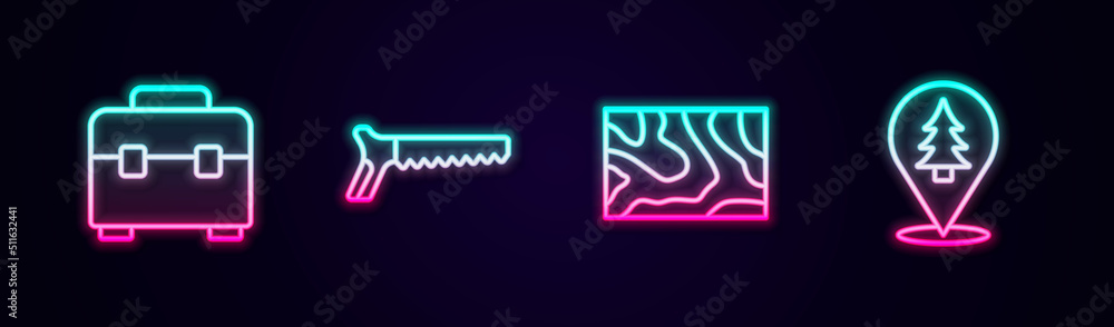 Set line Toolbox, Hand saw, Wooden beam and Location of the forest. Glowing neon icon. Vector Set line Toolbox, Hand saw, Wooden beam and Location of the forest. Glowing neon icon. Vector