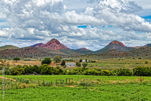 Fields, farm and red hills in Little Karoo