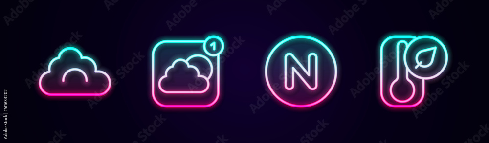 Set line Cloud, Weather forecast app, Compass north and Thermometer. Glowing neon icon. Vector Set line Cloud, Weather forecast app, Compass north and Thermometer. Glowing neon icon. Vector