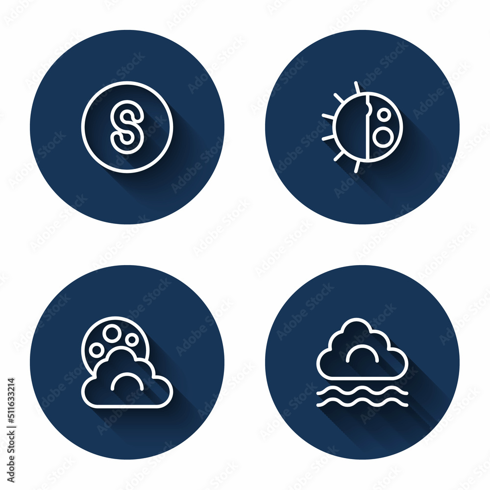 Set line Compass south, Day night cycle, Cloud with moon and Fog and cloud with long shadow. Blue circle button. Vector Set line Compass south, Day night cycle, Cloud with moon and Fog and cloud with long shadow. Blue circle button. Vector