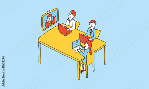 オフィスに出社している人の会議にリモートで参加するビジネスマンのイラスト