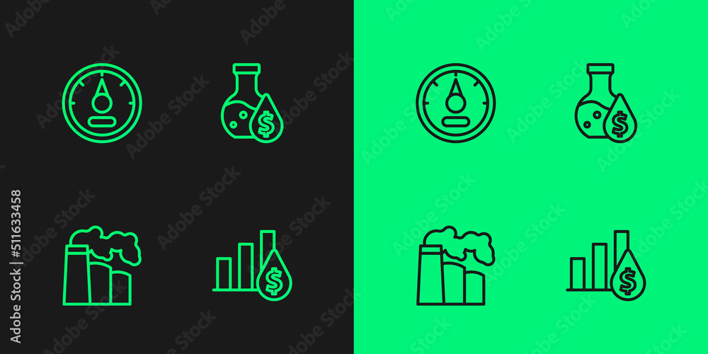 Set line Pie chart and dollar, Oil gas industrial factory, Motor gauge and petrol test tube icon. Vector Set line Pie chart and dollar, Oil gas industrial factory, Motor gauge and petrol test tube icon. Vector
