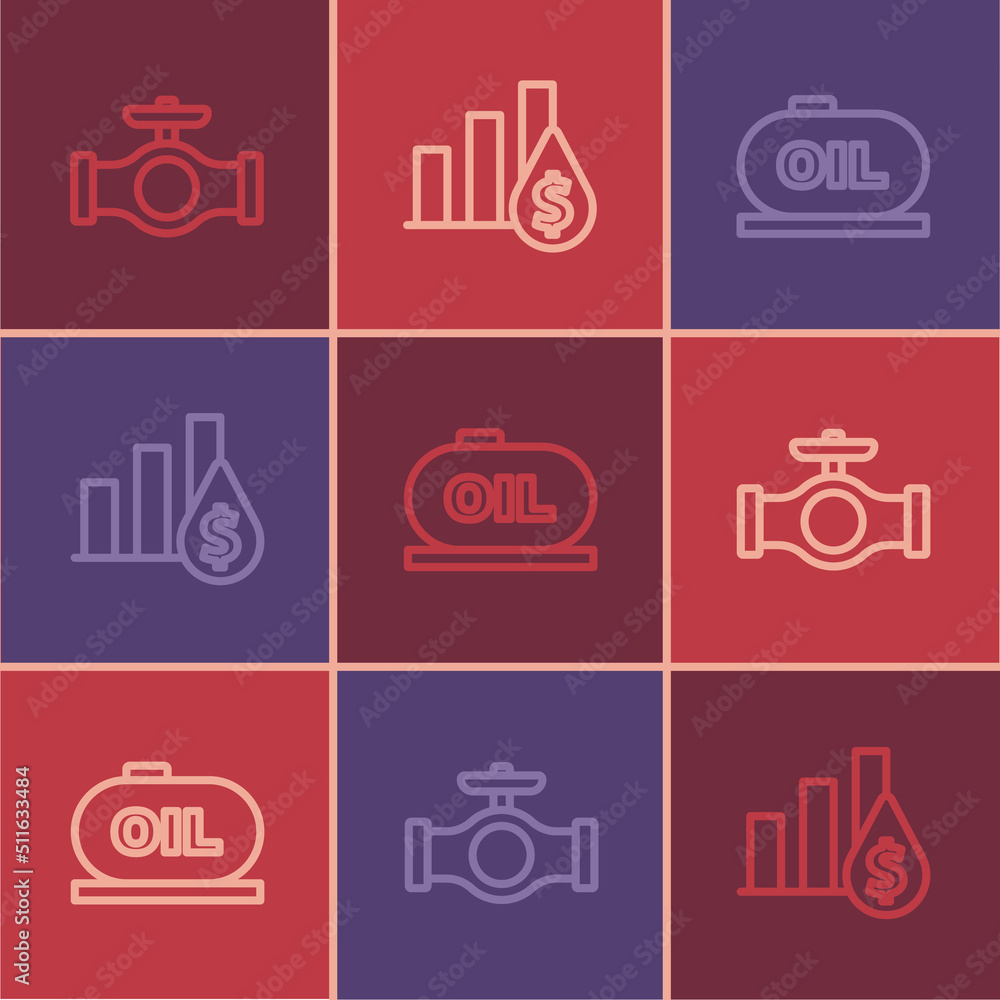 Set line Oil pipe with valve, tank storage and Pie chart and dollar icon. Vector Set line Oil pipe with valve, tank storage and Pie chart and dollar icon. Vector