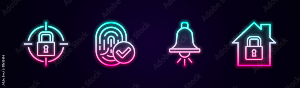 Set line Lock, Fingerprint, Ringing alarm bell and House under protection. Glowing neon icon. Vector Set line Lock, Fingerprint, Ringing alarm bell and House under protection. Glowing neon icon. Vector