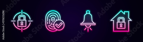 Set line Lock, Fingerprint, Ringing alarm bell and House under protection. Glowing neon icon. Vector