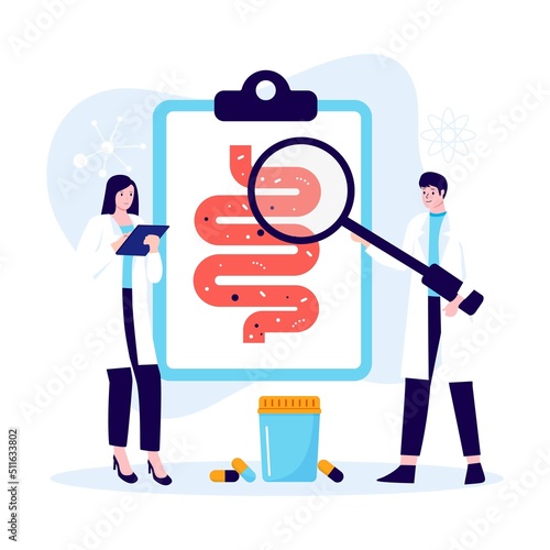 Flat design of two doctor checking about digestive system. Illustration for websites, landing pages, mobile applications, posters and banners. Trendy flat vector illustration