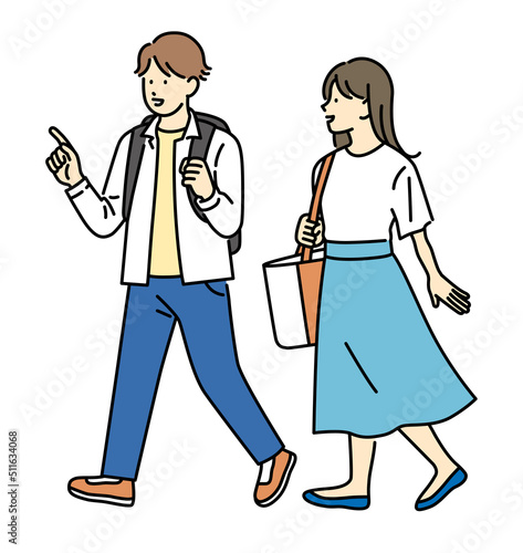 お出かけする男女のイラスト素材：観光しているカップル	
