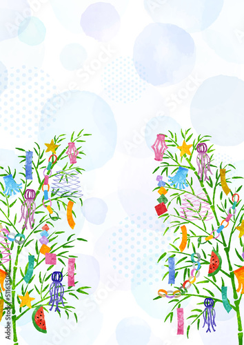 七夕の笹飾りと涼しい水玉水彩の背景