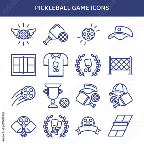 Outdoor sport leisure game vector illustrations. Pickleball game icon set