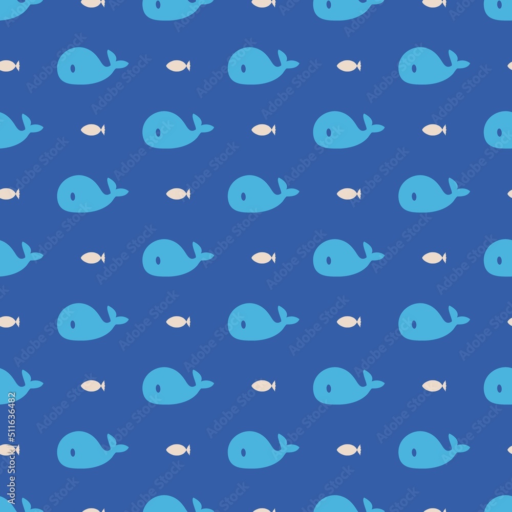 Young Whale Swim in the Ocean Vector Graphic Seamless Pattern