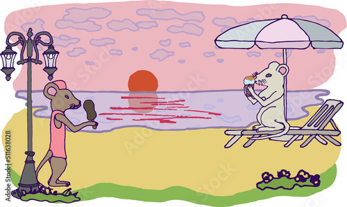 Illustration of mice eating ice cream. Beach, sunset, chaise longue and umbrella, lamppost, eps ready for use. For your design