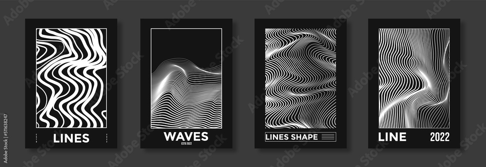 Collection of modern abstract posters with optical waves. In techno style, psychedelic design, prints for T-shirts and hoodies. Isolated on black background - obrazy, fototapety, plakaty 