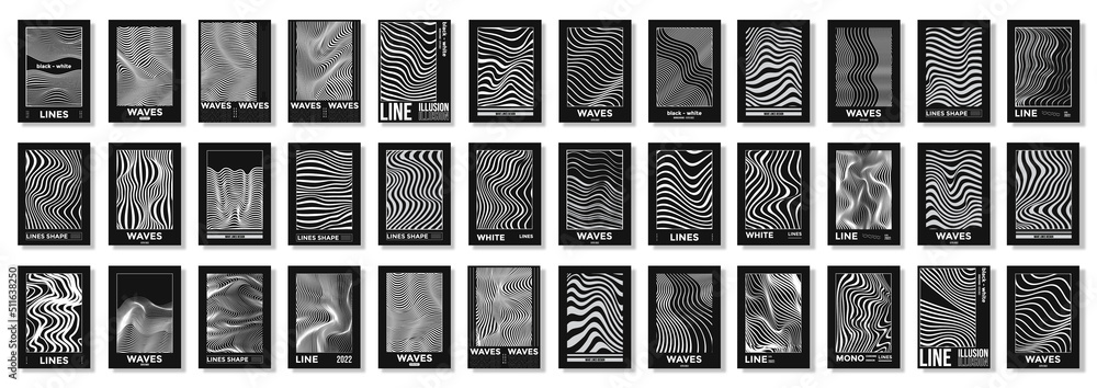 Collection of modern abstract posters with optical waves. In techno style, psychedelic design, prints for T-shirts and hoodies. Isolated on black background - obrazy, fototapety, plakaty 