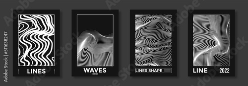 Collection of modern abstract posters with optical waves. In techno style, psychedelic design, prints for T-shirts and hoodies. Isolated on black background photo