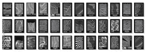 Collection of modern abstract poster with optical waves. In techno style, psychedelic design, prints for T-shirts and hoodies apparel. Synthwave and vaporwave design 