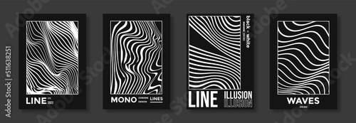 Collection of modern abstract posters with optical waves. In techno style, psychedelic design, prints for T-shirts and hoodies. Isolated on black background