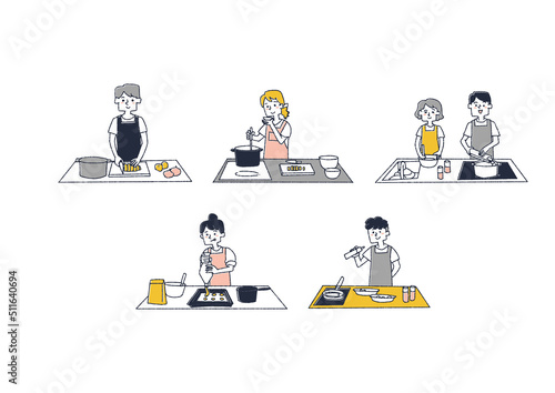快適なキッチンで料理をする人々のセット1