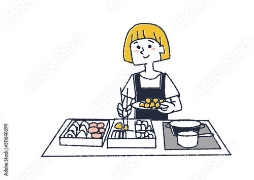 運動会のお弁当を作るママ　快適なキッチンで料理をする人々
