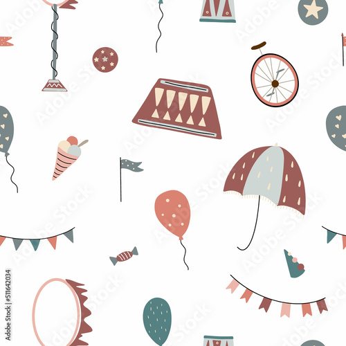 Seamless pattern with circus elements. Vector illustration isolated on white background for textile and nursery decoration.