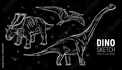 Set of hand-drawn dinosaur sketches. Diplodocus, triceratops and pteranodon