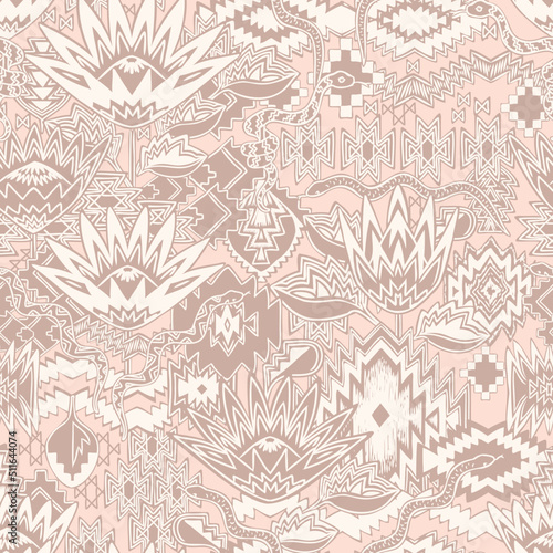 SEAMLESS REPEATING VECTOR summer garden king protea snake tribal bohemian garden pattern. modern scandi desert wilderness. Aztec Navajo Western shapes. Pastel pink tones