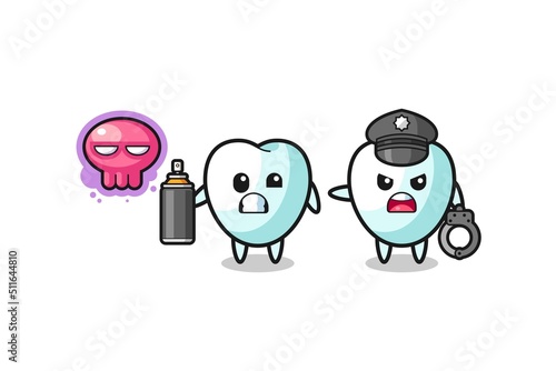 tooth cartoon doing vandalism and caught by the police