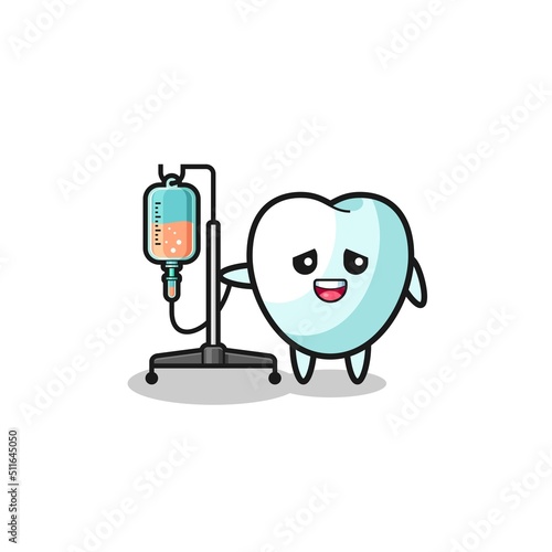 cute tooth character standing with infusion pole