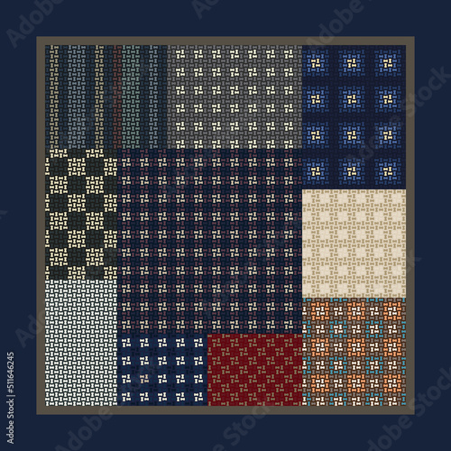 Colorful background abstract pattern patchwork scarf design. Spring summer season textile fashion accessories template. Plaid check pattern combination square shawl, bandana quilt fabric print block.