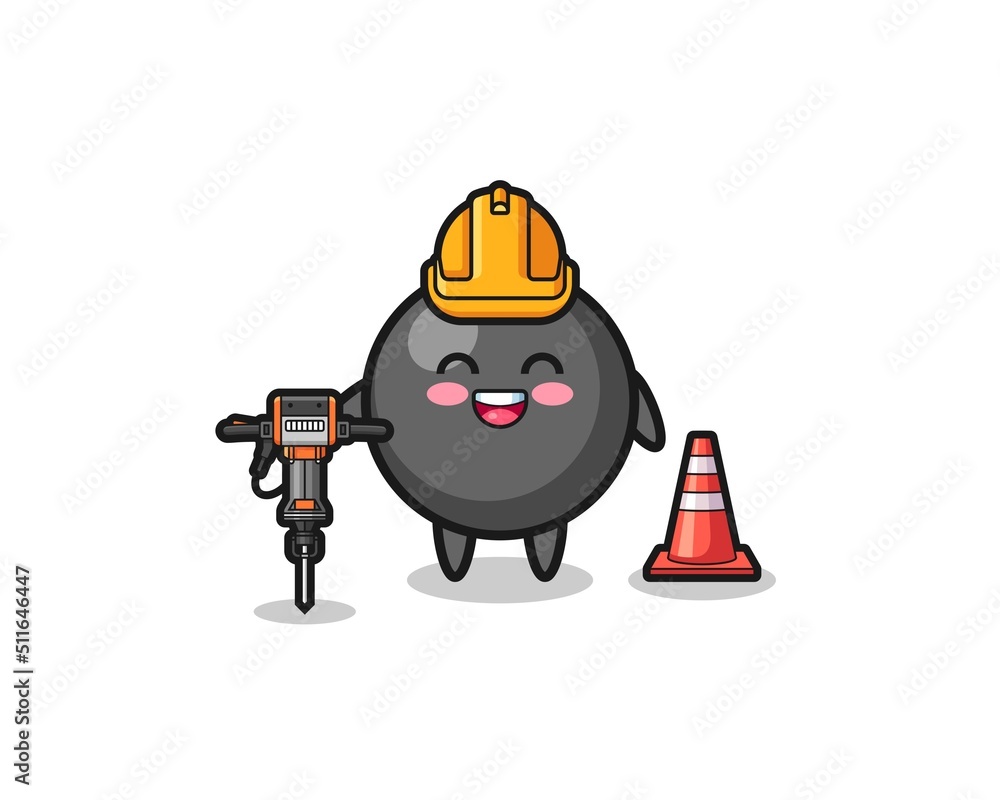 road worker mascot of dot symbol holding drill machine