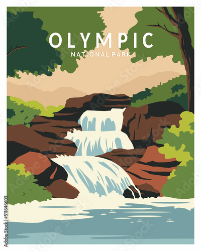 Olympic National Park waterfall Vector Illustration Background. Travel to State Washington. vector illustration with minimalist, style for poster, postcard. 