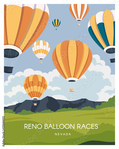 Reno balloon race illustration background, travel to nevada. vector landscape for poster, postcard, art print.
