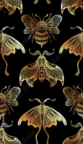 Obraz na plátně Seamless luxury pattern with drawing bee and moth with boho decoration