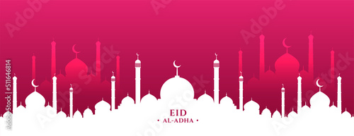 eid al adha mubarak with islamic mosque in flat colors banner