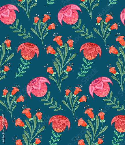 Vector seamless traditional pattern with flowers and twigs with folk art on a blue background. Naive floral texture.