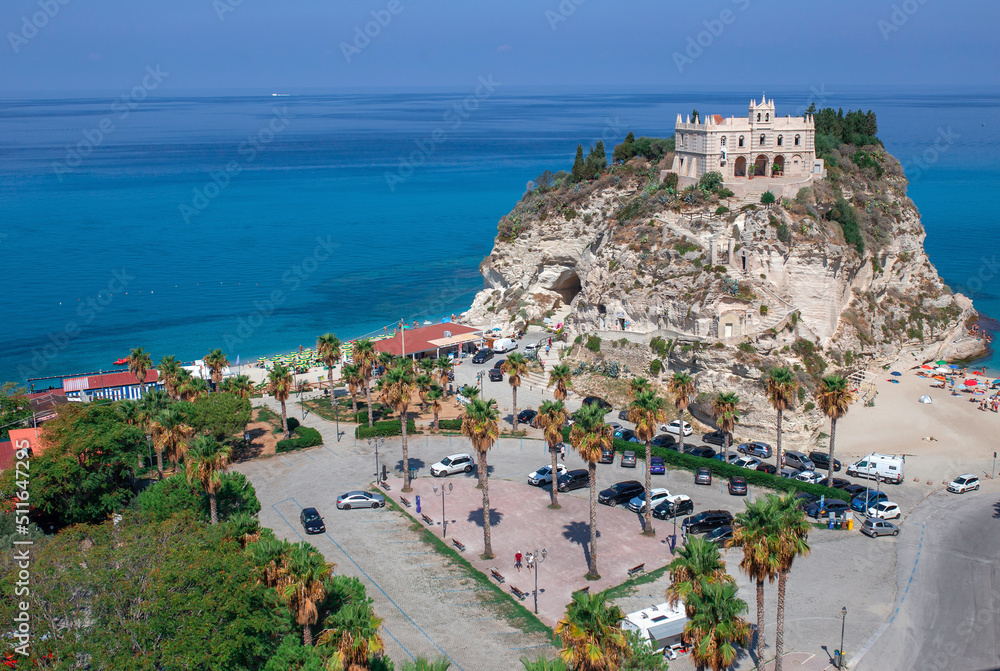 The Sanctuary of Santa Maria dell'Isola with the blue sea in the background, Tropea, Vibo Valentia, Calabria region, Italy, Europe