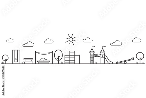 Childrens playground with swings, sandbox and bench in park. Entertainment in kids area. Outline city landscape. Vector