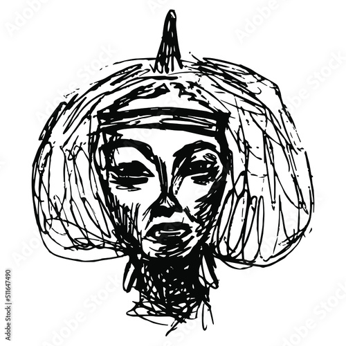 Sculpture head of ancient Egyptian queen Tiye, mother of pharaoh Akhenaten. Female portrait. Hand drawn linear doodle rough sketch. Black silhouette on white background.
