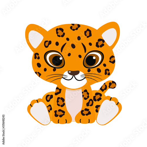 Cute leopard baby on white background. Vector illustration of wild animal in childish cartoon flat style.