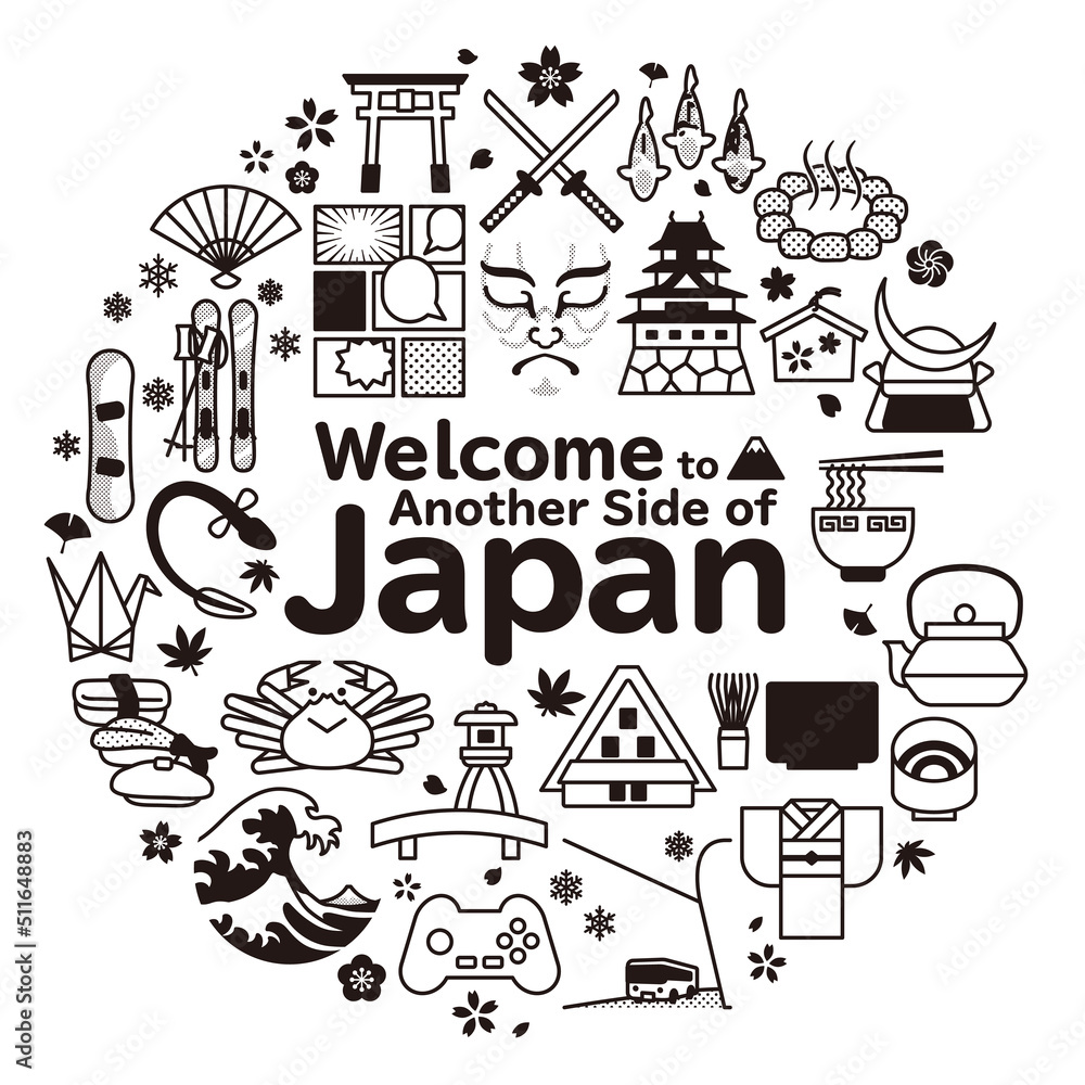 日本　旅行・観光の丸いイメージ背景　正方形　C