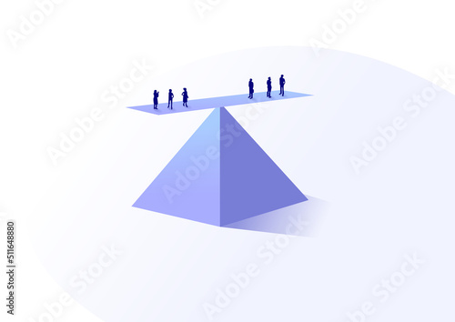 Gender equality, pay gap and equal pay concept. A male and female workforce balancing on a scale. Modern minimalistic vector illustration.