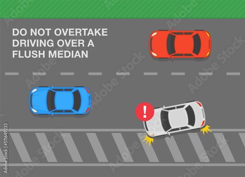 Safe car driving and traffic regulation rules. Do not overtake driving over a painted island or flush median road markings. Flat vector illustration template.