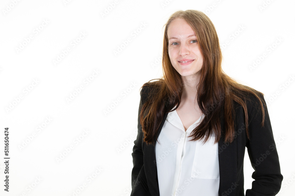 Happy young smiling business woman long hair in suit posing isolated in white wall background Happy young smiling business woman long hair in suit posing isolated in white wall background