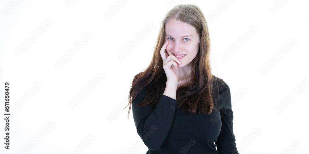 girl beautiful young woman hand finger on chin posing on white copy space wall background girl beautiful young woman hand finger on chin posing on white copy space wall background