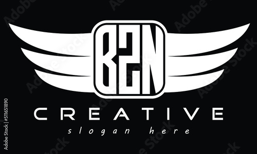 BZN three-letter Wing minimal typography font Monogram emblems flying logo. Vector template photo