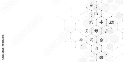 Medical background and healthcare technology with flat icons and symbols. Design template of concept and idea for health care business, innovation medicine, health safety, science. Vector illustration