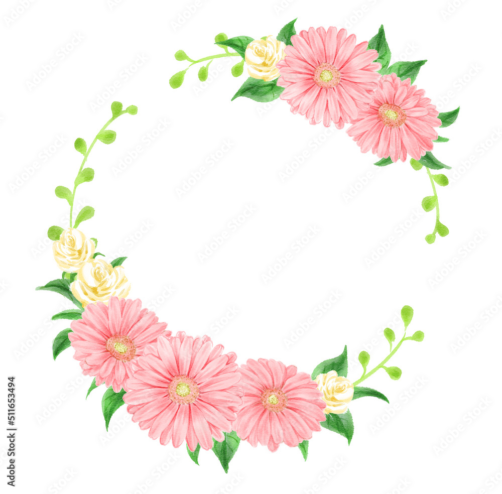Circular frame of pink gerbera and white mini roses