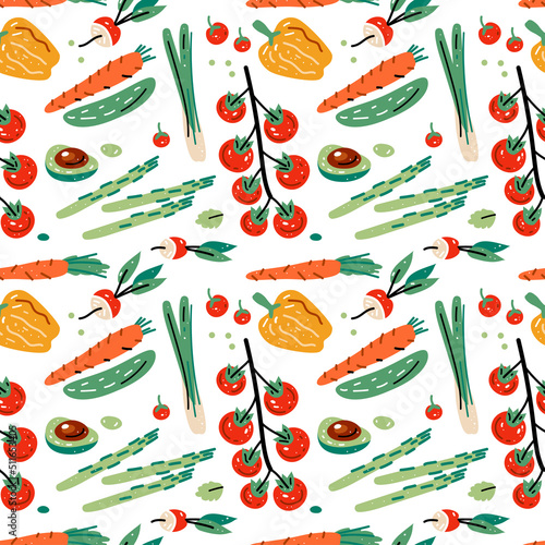 Bright seamless pattern with vegetables for kitchen design, for the menu of restaurants, cafes and canteens. Fresh food. Harvest. Vegetarian diet.