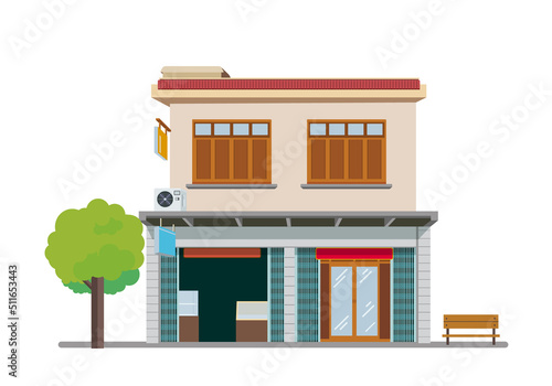 Vintage building Thai vector illustration.Facade shopping and street road.Bangkok city Home style .Flat old house design.Commercial building urban